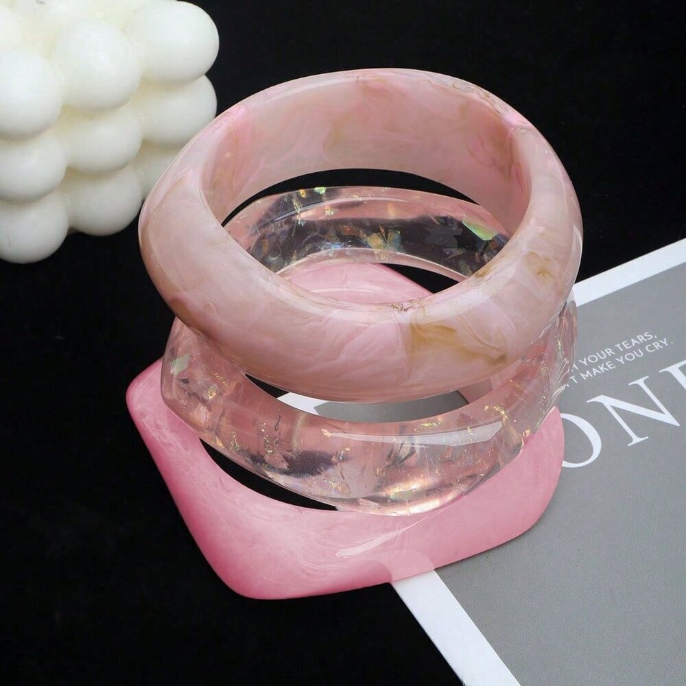 Pink Trendy Minimalist Women's Acrylic Bracelet Set of 3